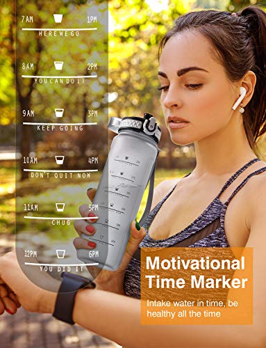 OMORC Sports Water Bottle with time marker-32oz, Fruit Infuser BPA Free Tritan Plastic Drinking Bottle with Locking Flip Lid, One-Handed Open Fitness Workout Water Bottle with Filter-Grey