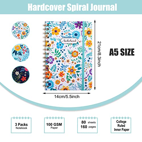 Eoout 3 Pack Spiral Notebook, Journal For Women, Hardcover Spiral Journal, 6"X 8.5", 160 Pages, Cute Blooming Floral, Back Pocket, 100Gsm Paper, For Gifts, Office, School Supplies #TOP1