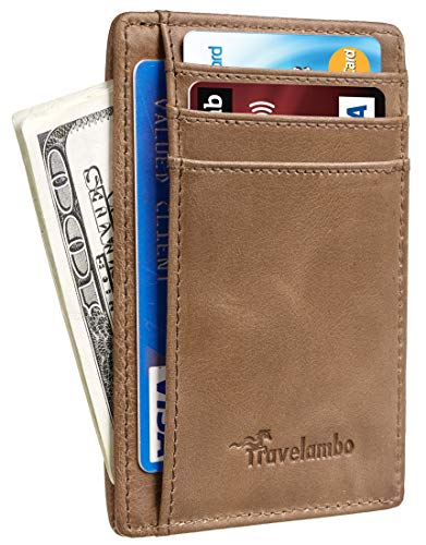 Travelambo Front Pocket Minimalist Leather Slim Wallet RFID Blocking Medium Size(VT Khaki P)
