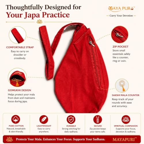 Image of Original Pure Cotton Gomukhi Japa Mala Bag /Chanting Bag or Beads Bag /Jholi /Thole with Zip Pocket and Sakshi Mala Counter (Red)
