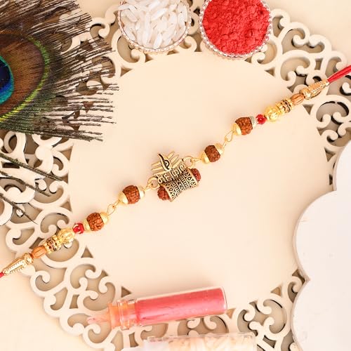 Image of Pride Store Traditional 10 Rakhiya Set, Decorative Thread Bracelets with Om and Ganesh Designs, Pearl and Crystal Beads, Red and Gold | Rakhiya For Family