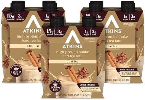 Atkins Chai Tea Latte Flavored Protein Shake, High Protein Shake, Low Glycemic, Low Carb, Low Sugar, Keto Friendly, Gluten Free, Ready to Drink Protein Shake, 12 count (3 sets of 4)