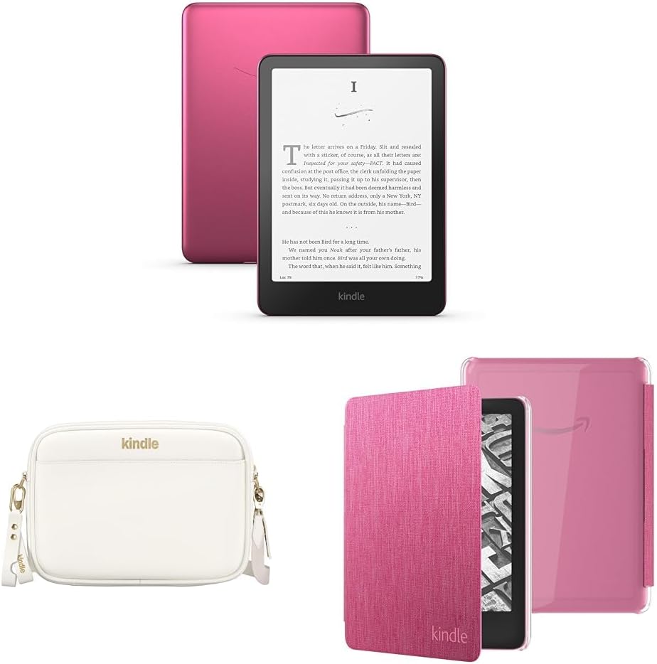 Amazon Kindle Paperwhite Bundle: Includes, Amazon Kindle Paperwhite Signature Edition 32GB | Metallic Raspberry, Sling Bag | Dune, Clear Back Case | Raspberry