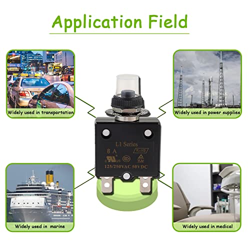 Eplzon 8A Manual Reset Push Button Circuit Breaker 125/250V Ac 50V Dc Thermal Overload Protector With Quick Connect Terminals And Waterproof Button Caps Assortment Kit(Pack Of 2 Pcs) #TOP4