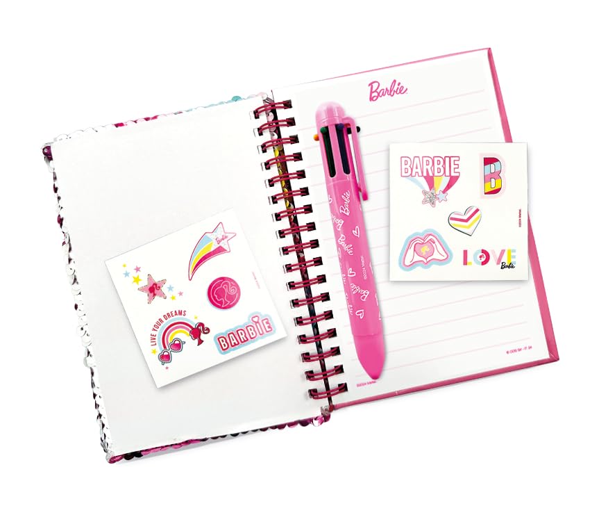 ODS - Cuaderno con lentejuelas reversibles, 32 páginas, bolígrafo multicolor y 2 hojas de pegatinas Barbie, 10,5 x 15 cm, edad recomendada +5 años