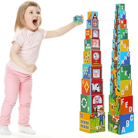 beeqoo Animal Sorting and Stacking Blocks - Educational ABC & Numbers Toy for Babies and Toddlers - Montessori Learning Tower -10 Nesting Cubes Building Set - Ideal Present for Boys & Girls Cover