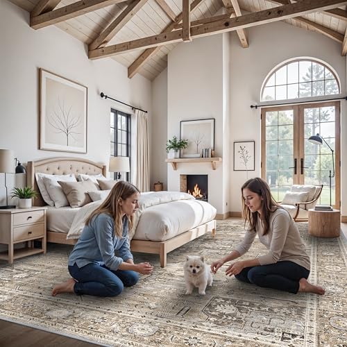RUUGME Washable 12x15 Area Rug - Large Vintage Area Rugs with Non Slip Backing Stain Resistant Carpet for Bedroom Dining Room Indoor Soft Carpets Home Decor Decoration Mat 12x15 Beige