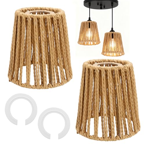 2 Stück Lampenschirm Hängelampe Boho E27 Rattan Lampenschirm Klein (H 14cm) mit E14 Adapterring für Stehlampe Tischlampe Pendelleuchten Hängelampenschirme
