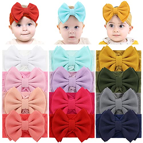 Cinaci 12 Pack Super Stretchy Nylon Headbands with Big Bow Hair Accessories Wide Headwraps for Baby Girls Infants Toddlers Kids