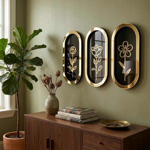 Image of eCraftIndia Pack of 3 Floral Wall Art with Black & Golden Wood Base Flower Cutouts Decor for Living Room Bedroom