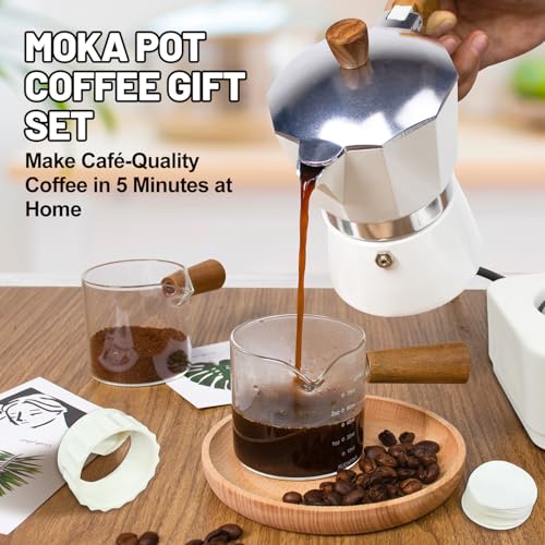Image of DITOSH 4-in-1 Moka Pot Espresso Set with Electric Stove 3 Cup Aluminum Stovetop Coffee Maker Percolator Italian Classic Mocha Coffee Machine with Powder Dispenser Filter Paper Portable Camping White