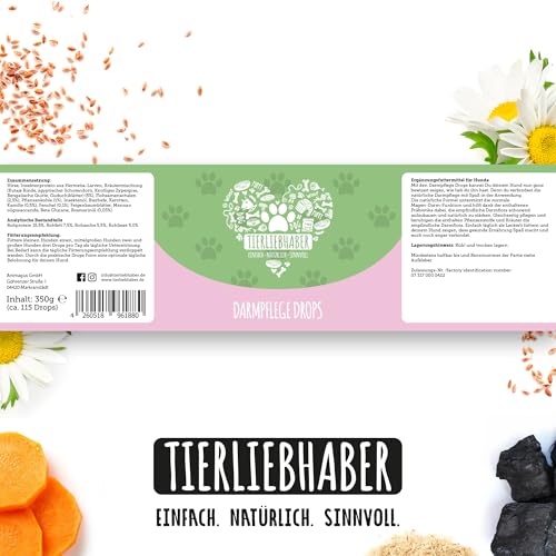 TIERLIEBHABER Darmpflege Drops – 350g (115 Stück) – Darmkur für Hund Darmflora aufbauen – Hundeleckerlies zum Magenschutz für Hunde – Hunderunde Futtertopping Hunde Leckerli – Darmsanierung Hund
