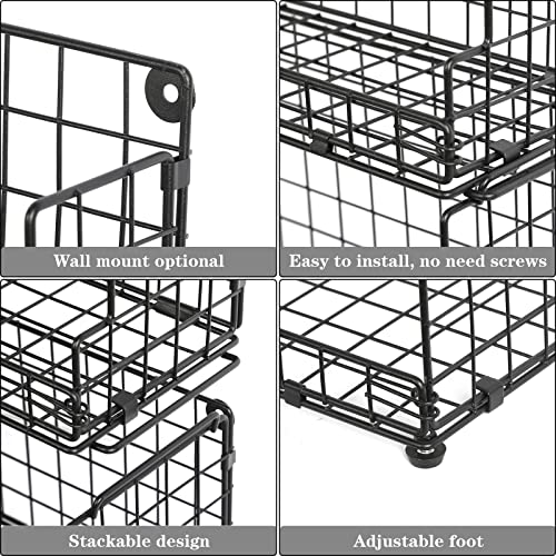 X-Cosrack Stackable Wire Basket 3 Tier Countertop& Wall Mounted Metal Storage Basket For Kitchen Pantry Cabinet, Muti-Functional Open Front Bin Organizer For Food Fruit Snack, Black #TOP4