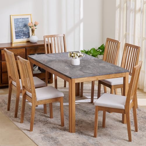 Image of Home Centre Santorini Faux Marble Top 6-Seater Dining Set with Chairs - Grey and Brown