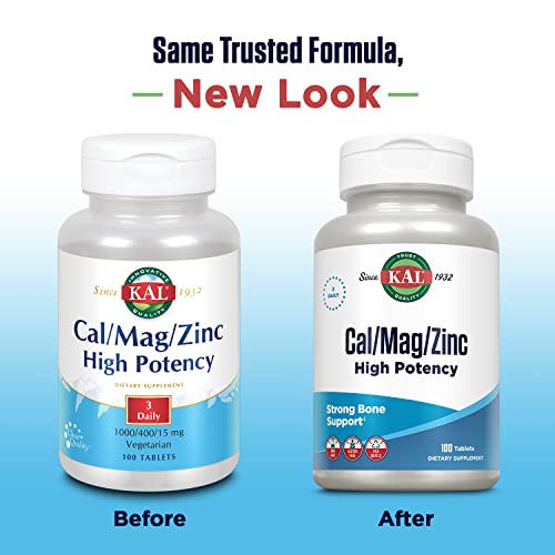 Kal Cal/Mag/Zinc | 1000Mg Calcium, 400Mg Magnesium & 15Mg Zinc | Bone, Muscle, Heart & Immune Support | 100Ct, 33 Serv #TOP1