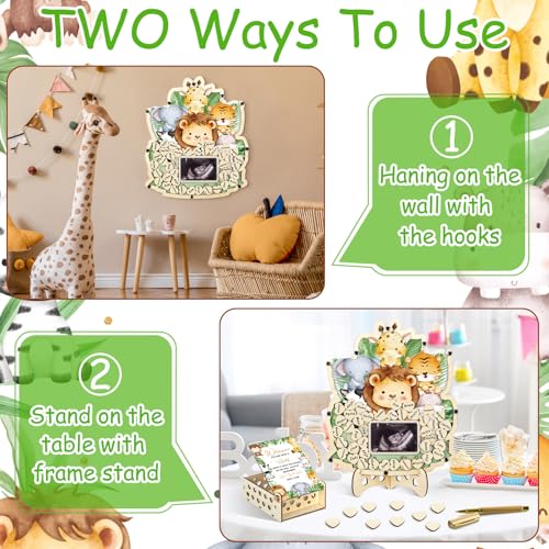 Image of Wenqik 63 Pcs Safari Animal Baby Shower Guest Book Alternatives Set Baby Shower Decorations with Photo Frame Sonogram Frame Keepsake 60 Wood Slices Guest Book for Birthday