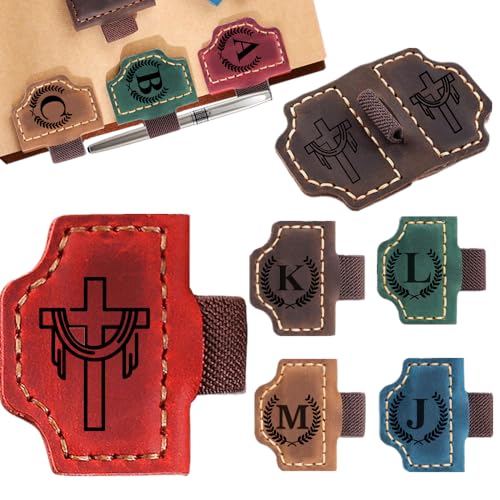 Image of Custom Bookmark with Pen Holder with 26 Letters Personalized Magnetic Leather Book Mark, Customized Name Book Marker Clip with Initial for Men Women, Gifts for Book Lovers, Readers, (Red, Cross-2)