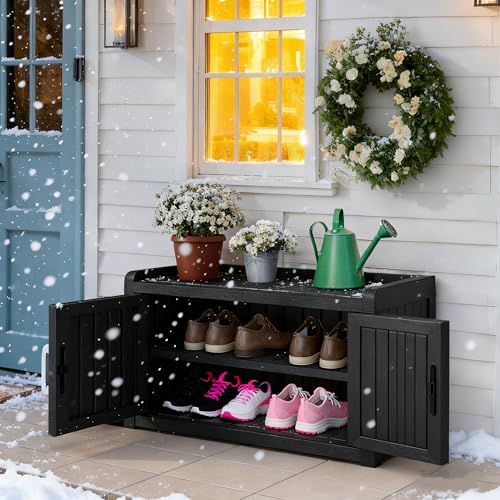 Bifanuo Shoe Storage Cabinet 2-Door Outdoor Storage Bench with Adjustable Shelves Waterproof UV-Resistant for Hallway Living Room Entryway Large Capacity Modern Organizer (Black)
