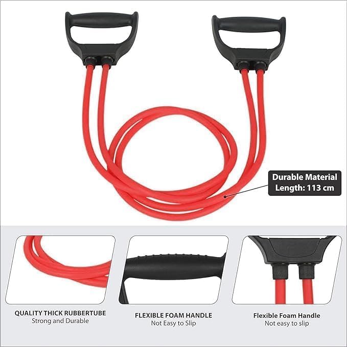 Image of D-fix Double Toning Resistance Tube Heavy Quality Pull Rope Elastic Rubber Exercise Band for Stretching, Workout, Home Gym with Grip D Shaped Handles for Men and Women with Workout -RED
