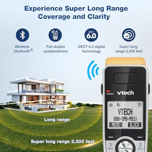 Image of VTech IS8151-2 Super Long Range 2 Handset DECT 6.0 Cordless Phone for Home with Answering Machine, 2300 ft Range, Call Blocking, Bluetooth, Headset Jack, Power Backup, Intercom, Expandable to 12 HS