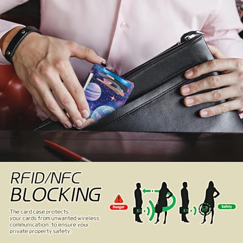 Image of Small Travel Wallets, Pink Starry Planets Slim Minimalist Front Pocket Wallet with Wristlet, RFID Blocking PU Leather Credit Card Holder with ID Window Change Purse for Men Women