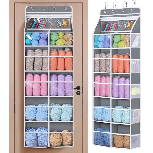 Univivi 6 Tiers Hanging Yarn Storage Organizer Large Knitting Organizer with 12 Deep Clear Pockets & 10 Mesh Side Pockets Over The Door Yarn Holder for Crochet Hooks Knitting Needles Grey