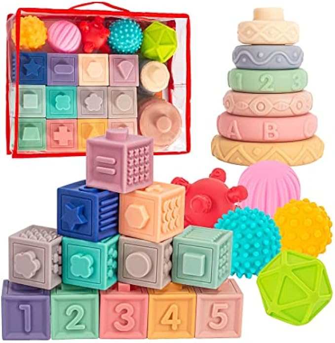 Springflower 3 in 1 Montessori Toys for Babies 0-3-6-12 Months, Soft Baby Teething Toys, Stacking Building Blocks for Infants, Sensory Developmental Education Toys for Toddler Baby 12-18 Months,23 PCS