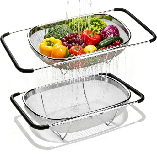 Image of Palksky Over the Sink Colander, Stainless Steel Fine Mesh, 6 Quart 2 Pack