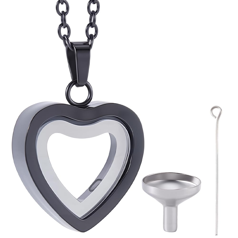 CREATCABIN Heart Glass Cremation Urn Necklace for Ashes Keepsake Cremation Jewelry Mini Gunmetal Stainless Steel Memorial Pendant Necklace Ashes Holder with Funnel Pin for Women Human Pet 23x20mm