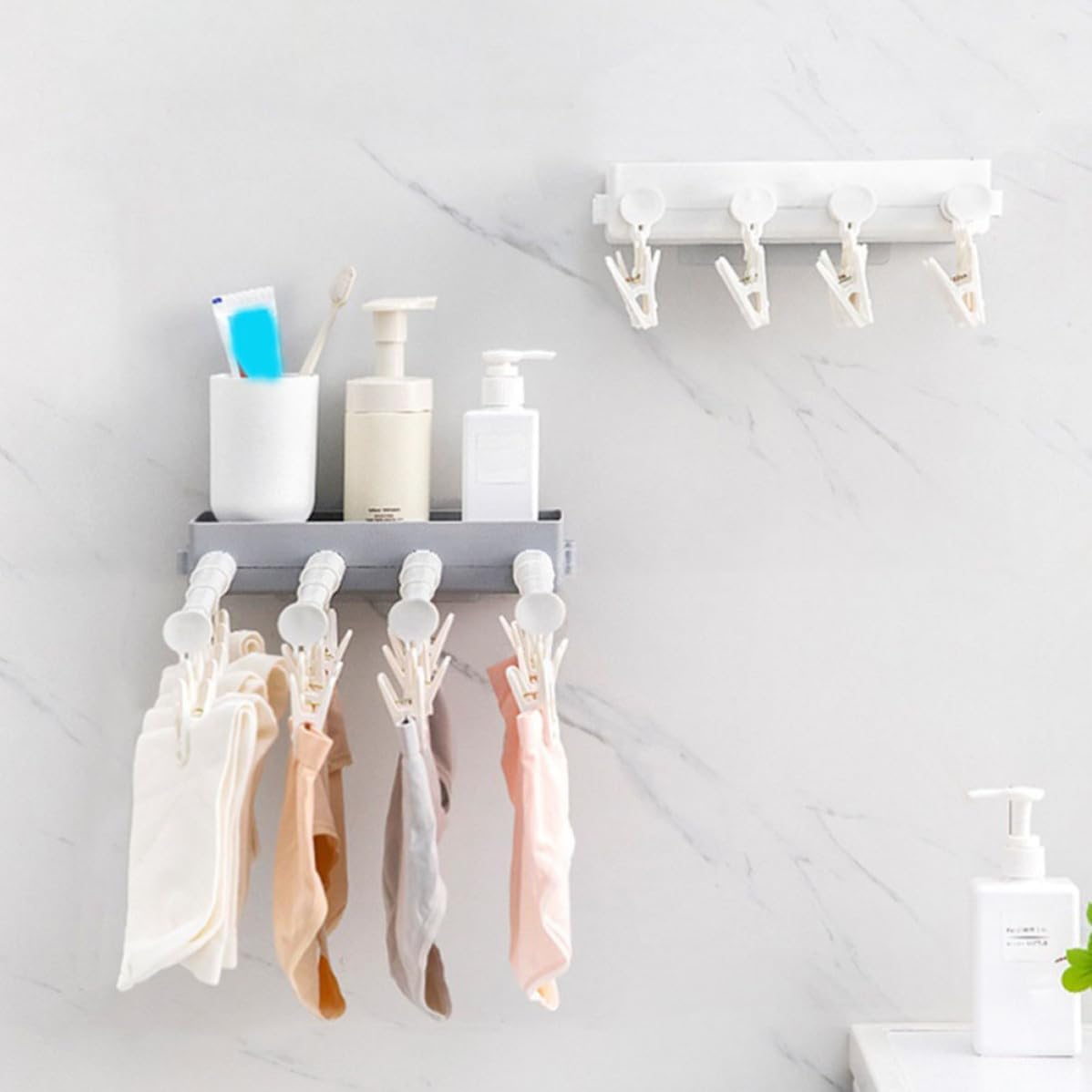 Uonlytech Wall Mount Stretchable Drying Rack with Sock Drying Clips Waterproof and Rust-Proof Pp Plastic Hanger for Bathroom and Business Trips