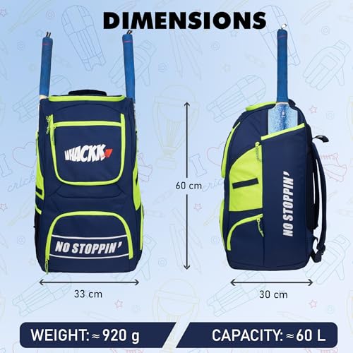 Image of WHACKK Crowe 60L Unisex Navy Cricket Kit Bag Backpack | Youth Size | 2 Bat | Shoe /Helmet Pocket | Main Compartment 14.75 inch Leg Pad | Bottle Holder | Easy Access Pocket | Player Edition Youth