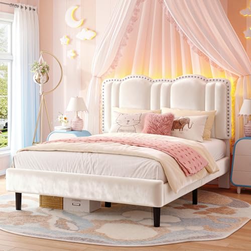EnHomee Full Size Bed Frame with LED and Velvet Upholstered Headboard Platform Bed Frame with Height Adjustable Headboard and No Box Spring Needed Noise-Free Easy Assembly Cream