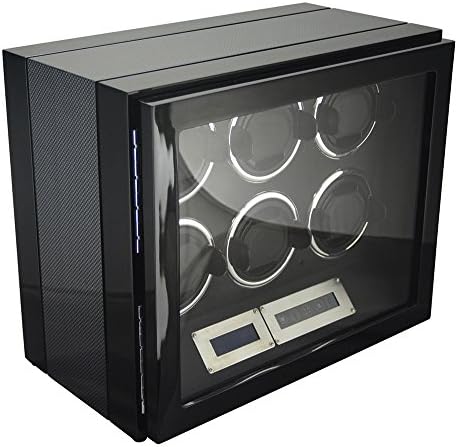6 Watch Winder Black with Carbon Fiber Finish LED Touch Pad Controls w/Remote