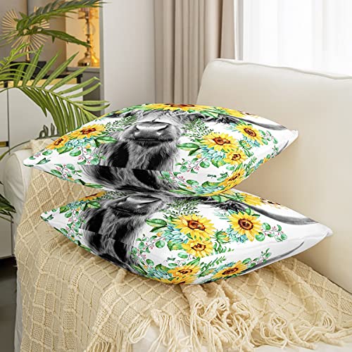 Set of 2 Highland Cow Throw Pillow Covers Highland Cattle Sunflower Cushion Case for Home Living Room Decor Reversible Animal Botanical Yellow Floral Decorative Throw Cushion Case 22x22 Inch - Image 3