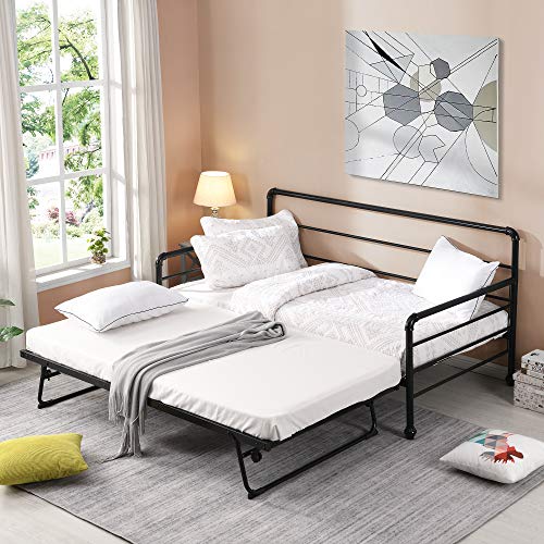 P PURLOVE Twin Size Metal Daybed with Adjustable Trundle, Pop Up Trundle Bed, No Box Spring Need,Black