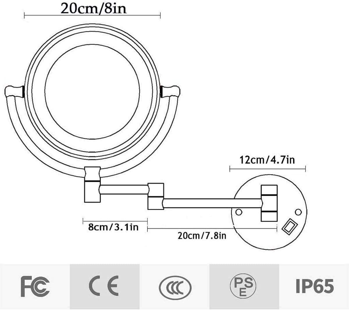 Specchio Trucco Specchio per trucco da parete illuminato con ingrandimento 5X, specchio cosmetico per montaggio a parete con luci ingranditrici, specchio cosmetico a 360 gradi a doppio lato da 8"