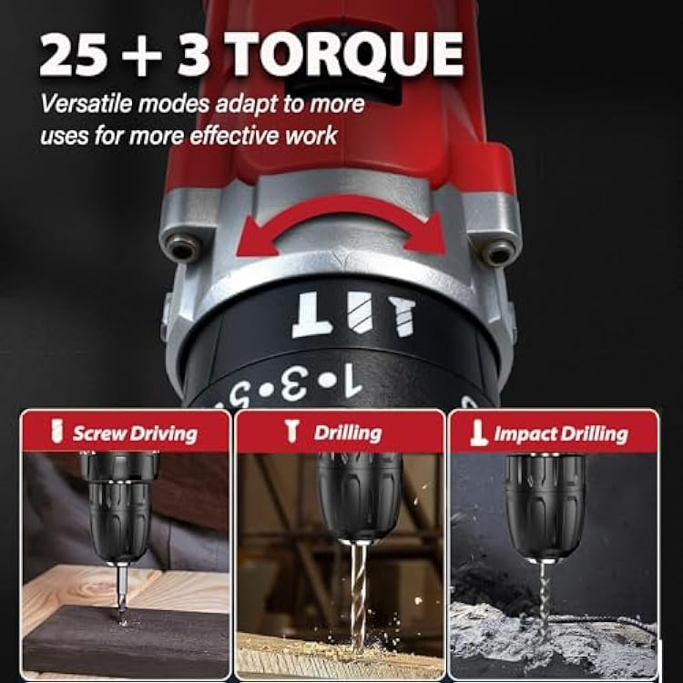 Power Drill Set, 45Nm Cordless Drill with Battery and Charger, 25+3 Torque Electric Drill Cordless, 29pcs Tool Kit with Drill Bits, 2 Variable Speed 3/8 Keyless Chuck, Drills Set for Women Men Home