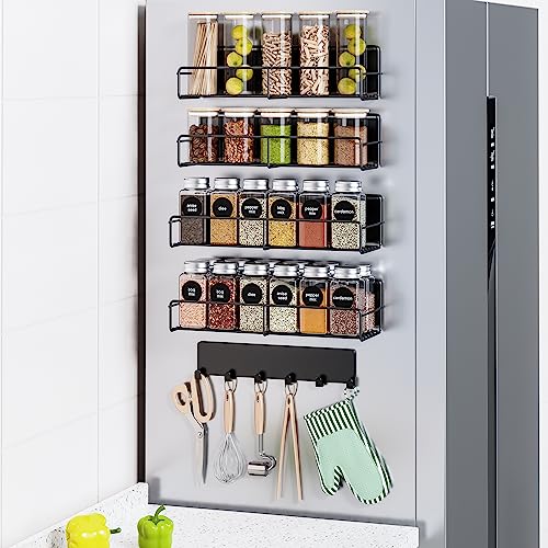 Image of 5-Pack Moveable Magnetic Spice Rack Organizer With 6 Hooks for Refrigerator, Metal Fridge Shelf, Black