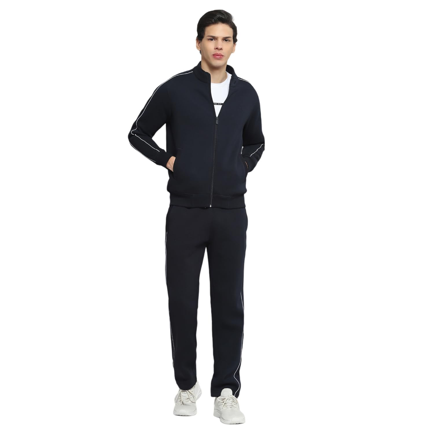 cloak & decker Mens Solid Navy Blue Mock Neck Full Sleeve Tracksuit 62402026-2-picture-8