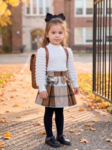 Image of Noubeau Toddler Girls Plaid Outfits Girls Puff Sleeve Knit Ribbed Shirt Tops Plaid Skirt Set Kids Fall Winter Clothes