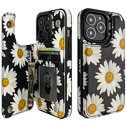 Image of HAOPINSH for iPhone 13 Pro Case Wallet with Card Holder, Daisy Florals Pattern Back Flip Folio PU Leather Kickstand Card Slots Case for Women Girls, Double Magnetic Clasp Shockproof Cover 6.1 inch