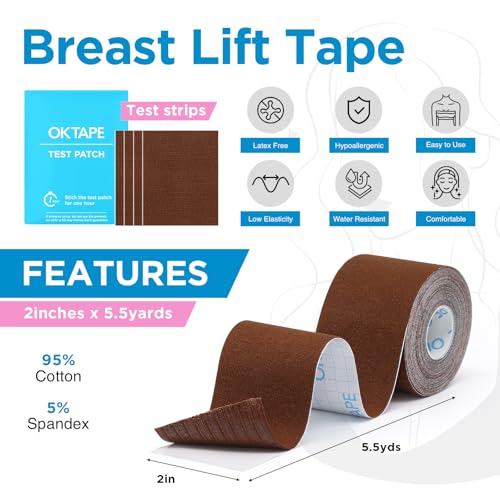 OK TAPE Breast Lift Tape, Boob Tape for Large Breasts Lift with 5 Pairs Nipple Cover Set, Breathable and Invisible Body Tape for A-G Cup, Brown, 2" x 16.4ft2