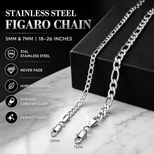 OLARCU 5mm/7mm Stainless Steel Figaro Chain fo Men, Mens SIlver Chain Necklace Jewelry Gift, 18-26 Inches (Silver-5mm, 20 IN) by OLARCU - Used condition - Image 2