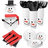 Havawish 200 Pcs Winter Snowman Paper Tableware Set Winter Party Dinnerware Kit for 25 Guests Disposable Paper Plates Napkins Cups Forks Spoons Knives for Xmas Holiday Dinner Supplies