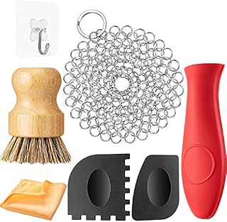 7 Pieces Cast Iron Cleaner Set Include Stainless Steel Chainmail Scrubber with Bamboo Dish Scrub Brush Hot Handle Holder 2 Pan Grill Scrapers Kitchen Towel Wall Hook
