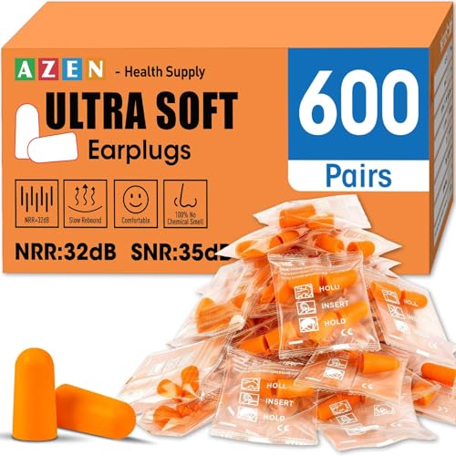 Image of AZEN 600 Pairs Ear Plugs, NRR 32dB Soft Foam Ear Plugs for Sleeping Noise Cancelling, Earplugs for Concerts Shooting Swimming Noise Reduction,Individually Wrapped (Orange)