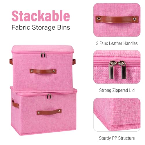 Image of Storage Bin Box with Zippered Lid Cotton Linen Fabric Decorative Basket with PU Leather Handles PP Plastic Board Foldable Lidded Clothing Shelf Closet Organizer Container (Pink, Large)