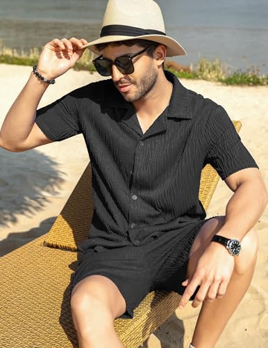 Image of ZAFUL Men's 2 Pieces Sets Outfits Summer Beach Set Short Sleeve Button Down Zip Up Shirt And Short Sets