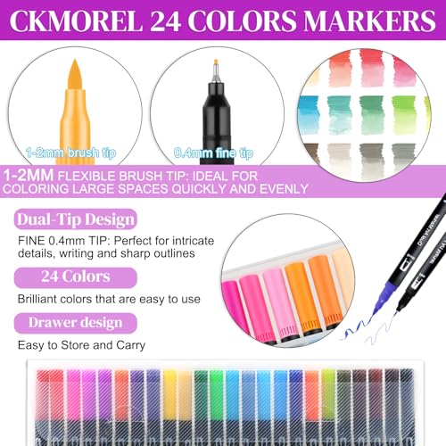 Image of Adult Coloring Book with 24 Dual Tip Colors Markers, 12 Pcs Premium Coloring Pages & 2 Pcs Wooden Photo Frames & 24 Colors Markers, Mindfulness Art-Painting-Kits Gifts for Women - Flowers