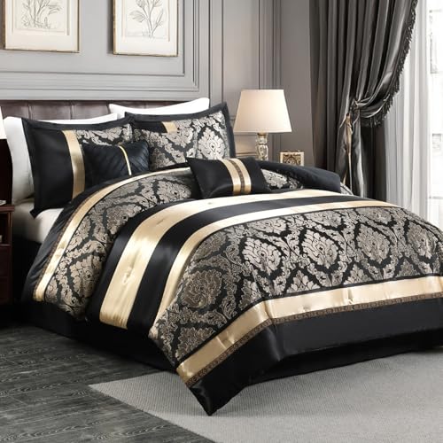 Image of CozyDH Black and Gold Jacquard Comforter Set King - 7 Piece Luxury Damask Medallion Patchwork Bed in a Bag, All Season Down Alternative Bedding with Bed Skirt, Shams, Decorative Pillows, 104x90 in